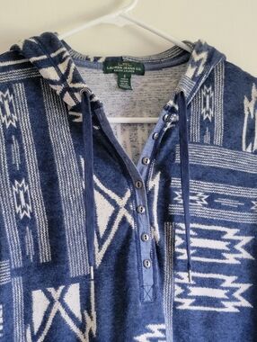 Women's Sz S Ralph Lauren Aztec Blue and White Hooded Pullover LIKE NEW